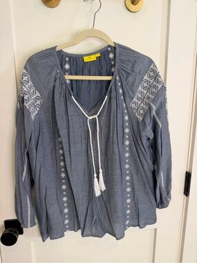 Roberta Roller Rabbit Blue Peasant Blouse with White Embroidery